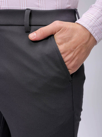 Men's Grey Slim Fit Textured Mid-Rise Stretchable Knitted Formal Trousers