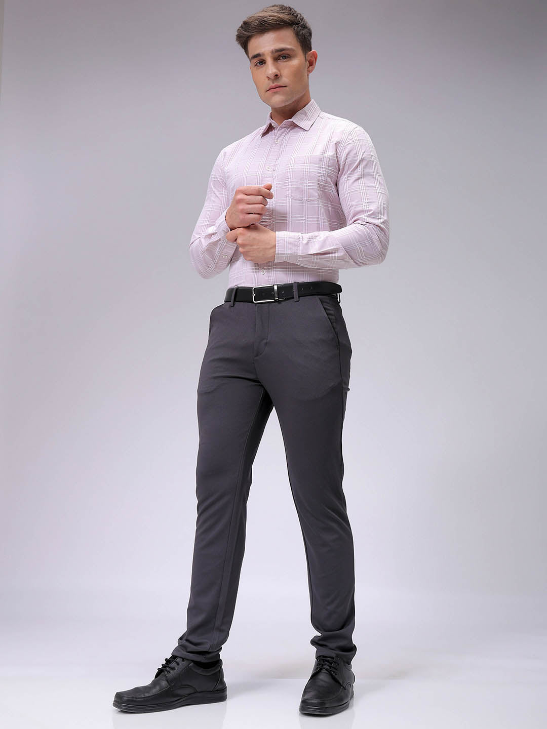 Men's Dark Grey Slim Fit Textured Formal Trouser