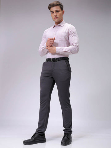 Men's Grey Slim Fit Textured Mid-Rise Stretchable Knitted Formal Trousers