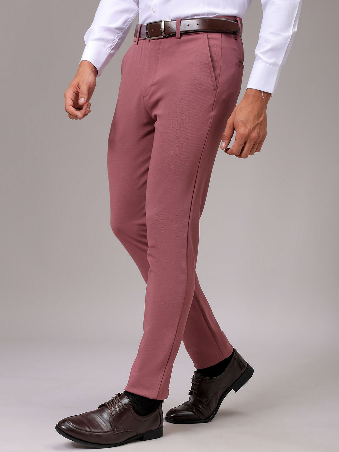 Men's Grey Slim Fit Textured Mid-Rise Stretchable Knitted Formal Trousers