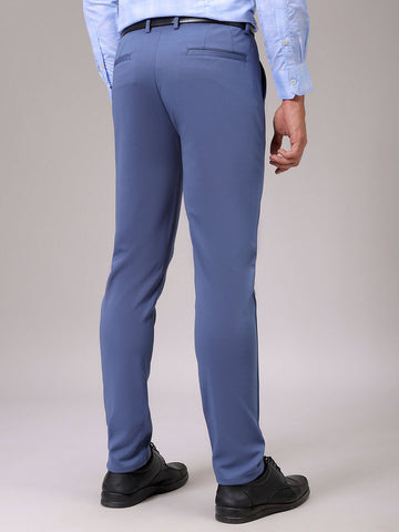 Men's Blue Slim Fit Textured Mid-Rise Stretchable Knitted Formal Trousers