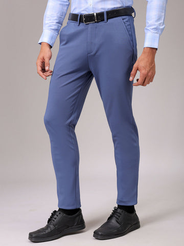 Men's Blue Slim Fit Textured Mid-Rise Stretchable Knitted Formal Trousers