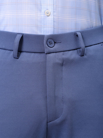 Men's Blue Slim Fit Textured Mid-Rise Stretchable Knitted Formal Trousers