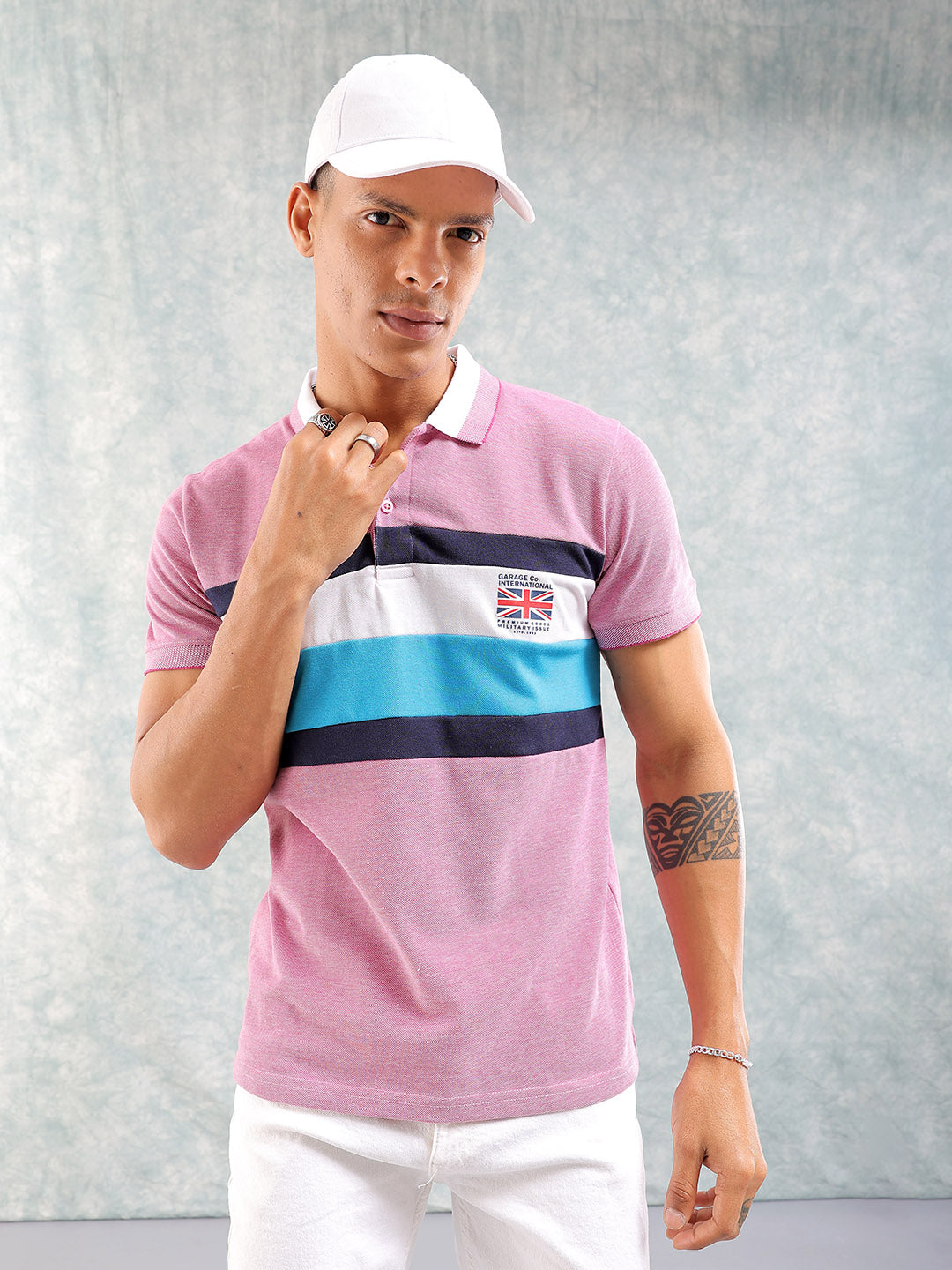 Men's Pink Slim Fit Placement Print Polo Collar T-shirt