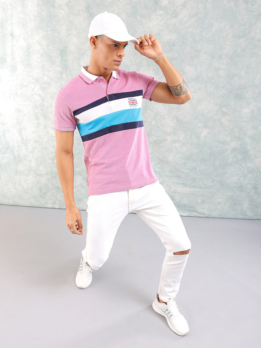 Men's Pink Slim Fit Placement Print Polo Collar T-shirt