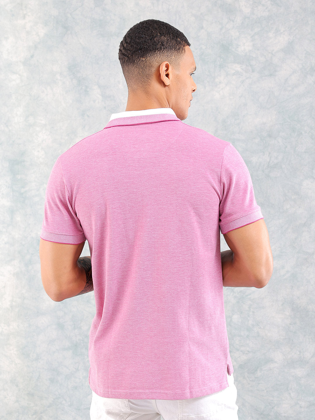 Men's Pink Slim Fit Placement Print Polo Collar T-shirt