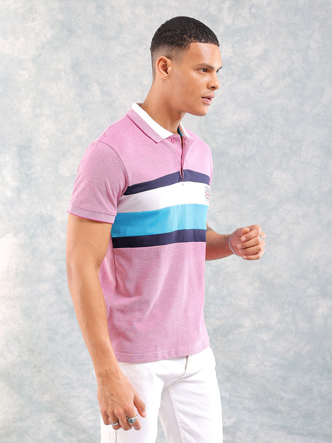 Men's Pink Slim Fit Placement Print Polo Collar T-shirt