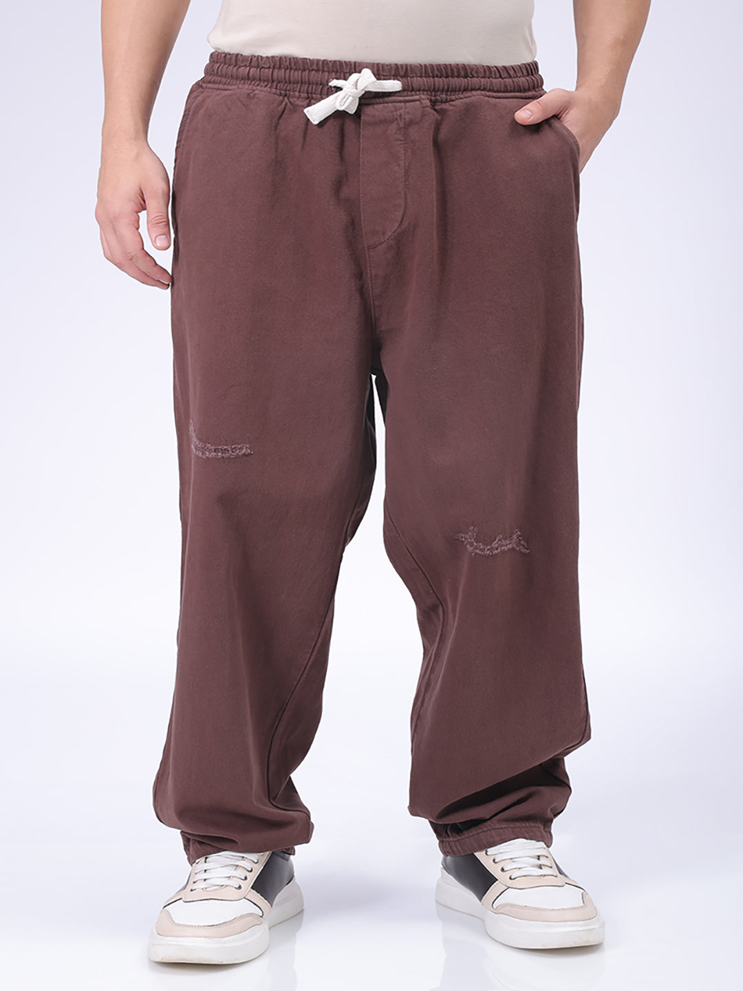 Men's Brown Barrel Loose Fit Solid Denim Jogger