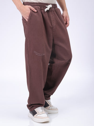 Men's Brown Bootcut Loose Fit Solid Mid-Rise Denim Joggers