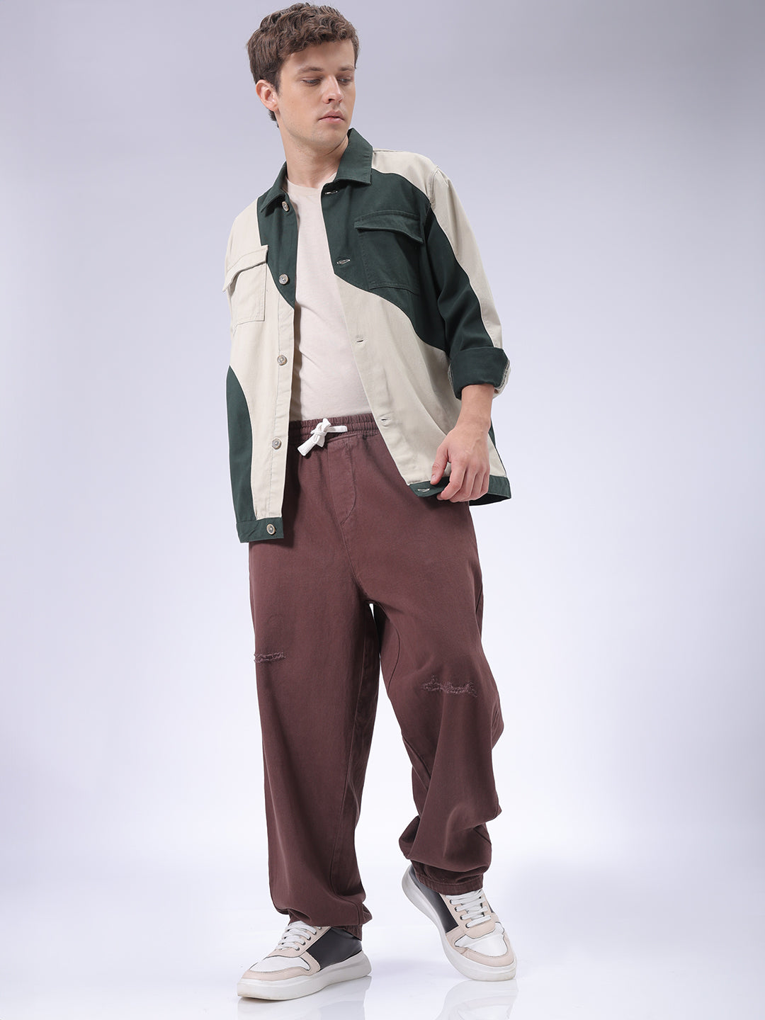 Men's Brown Barrel Loose Fit Solid Denim Jogger