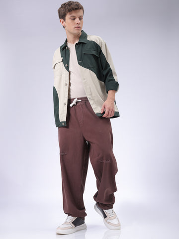 Men's Brown Bootcut Loose Fit Solid Mid-Rise Denim Joggers