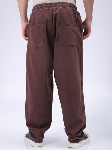 Men's Brown Bootcut Loose Fit Solid Mid-Rise Denim Joggers