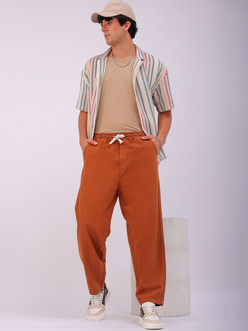 Men's Tan Bootcut Loose Fit Solid Mid-Rise Denim Joggers