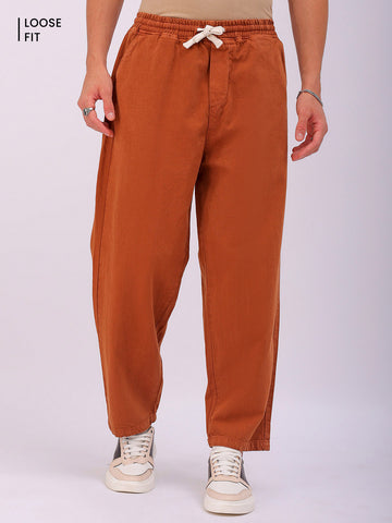 Men's Tan Bootcut Loose Fit Solid Mid-Rise Denim Joggers