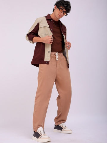Men's Brown Bootcut Loose Fit Solid Mid-Rise Denim Joggers