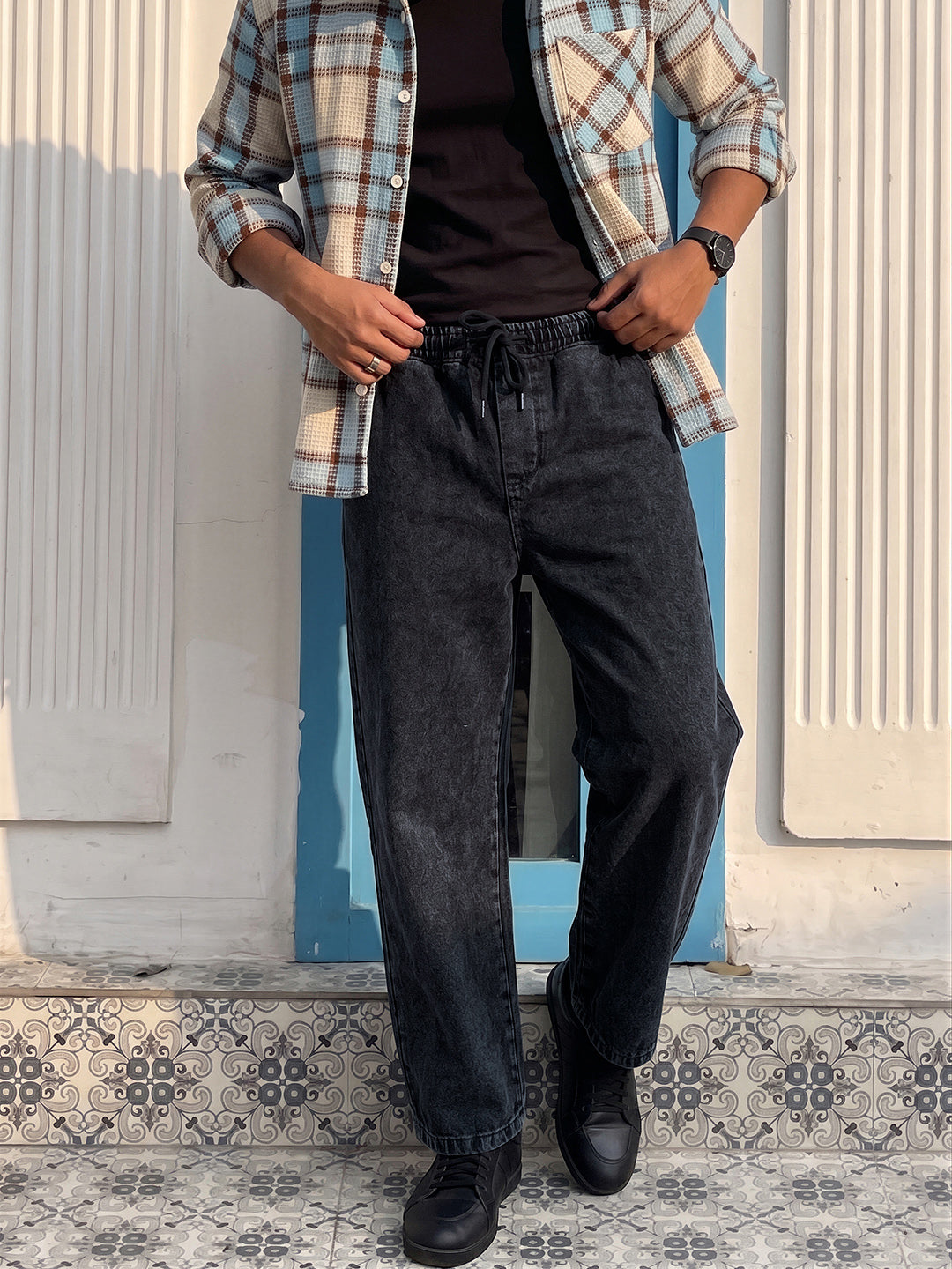 Men's Black Loose Fit Solid Street Wear Jeans