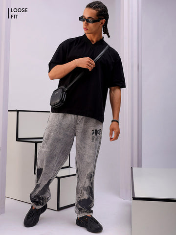 Men's Grey Bootcut Loose Fit Solid Mid-Rise Denim Joggers