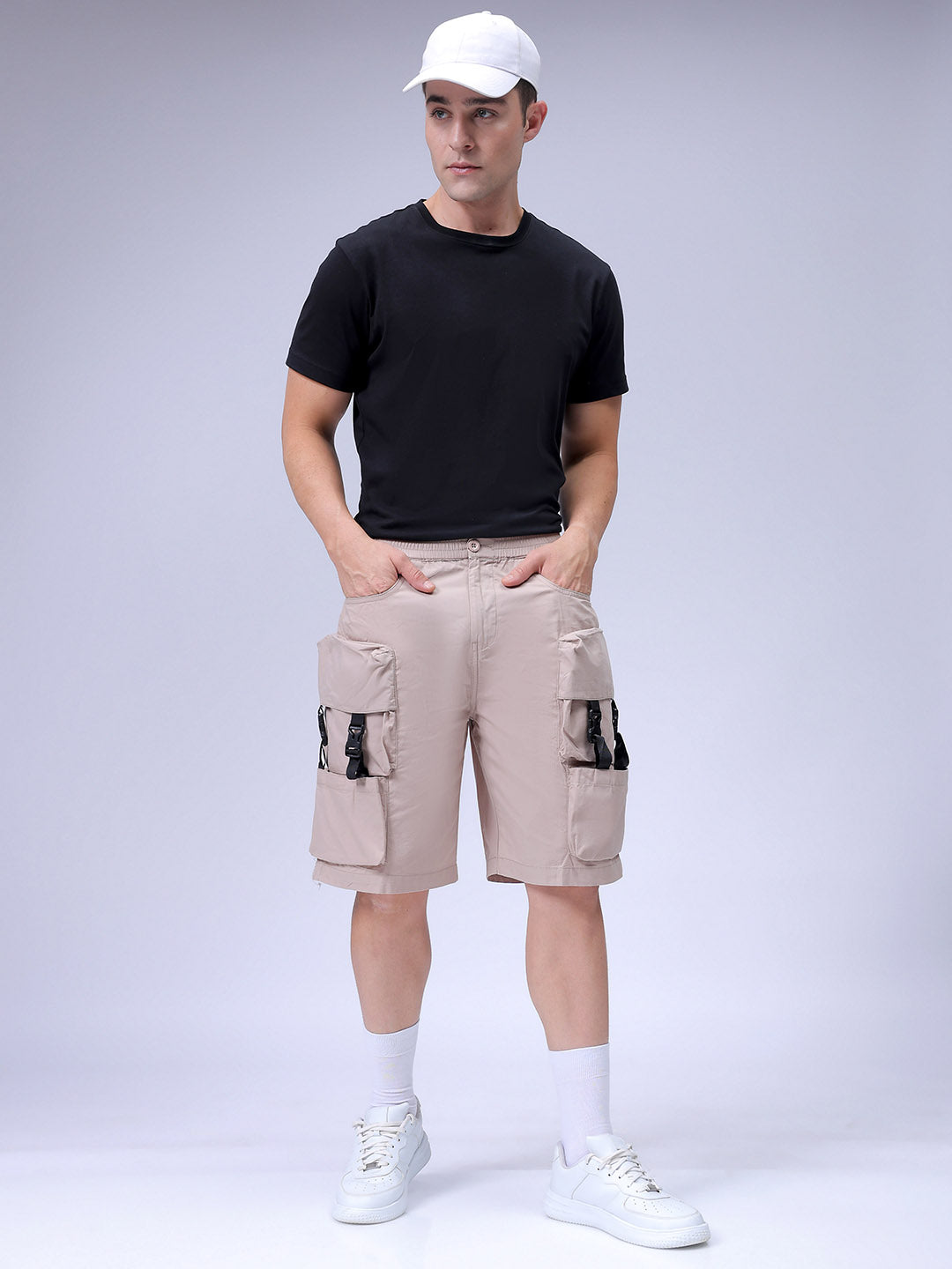 Men's Beige Relaxed Fit Utility Shorts