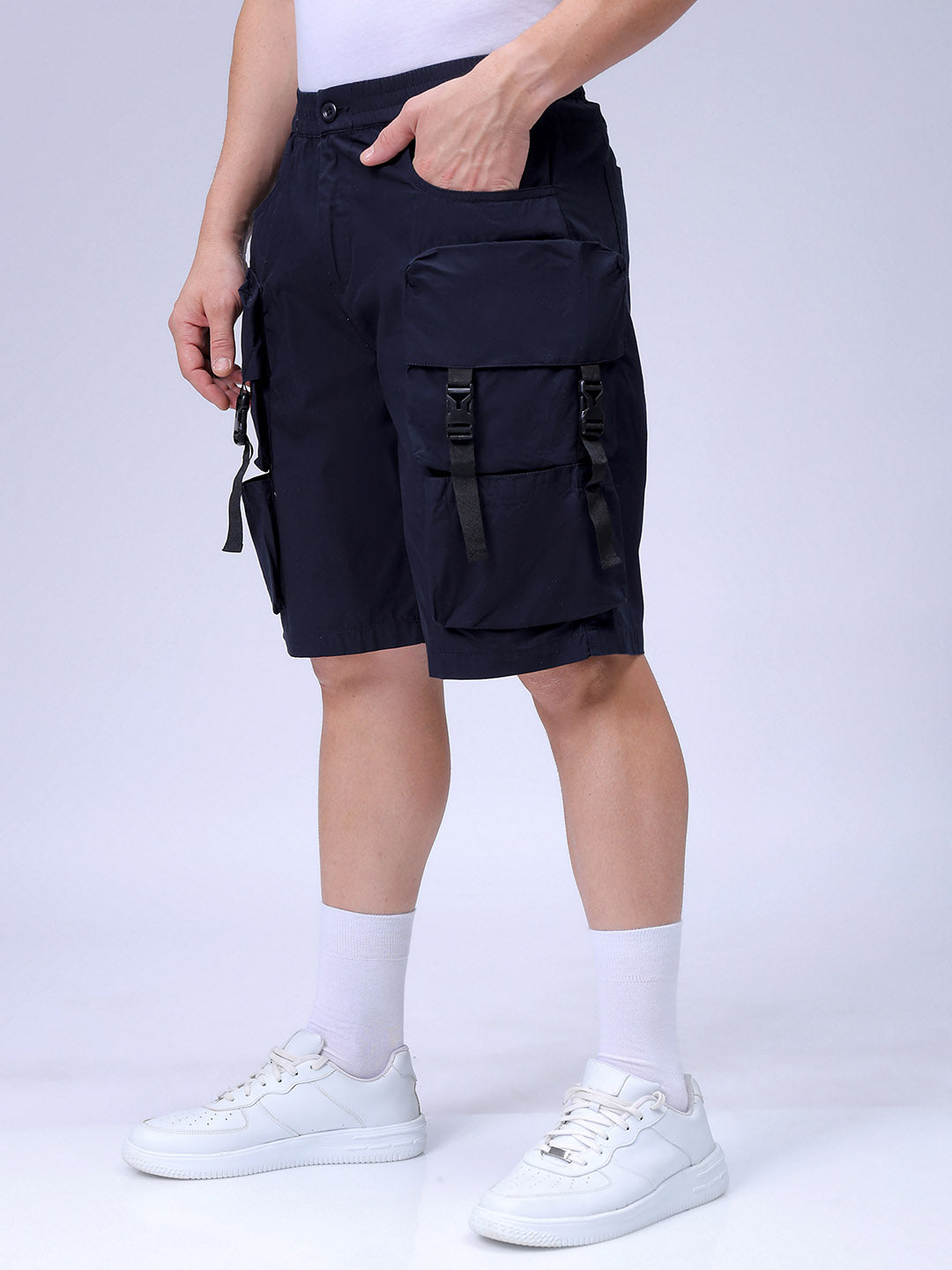 Men's Navy Relaxed Fit Solid Utility Shorts