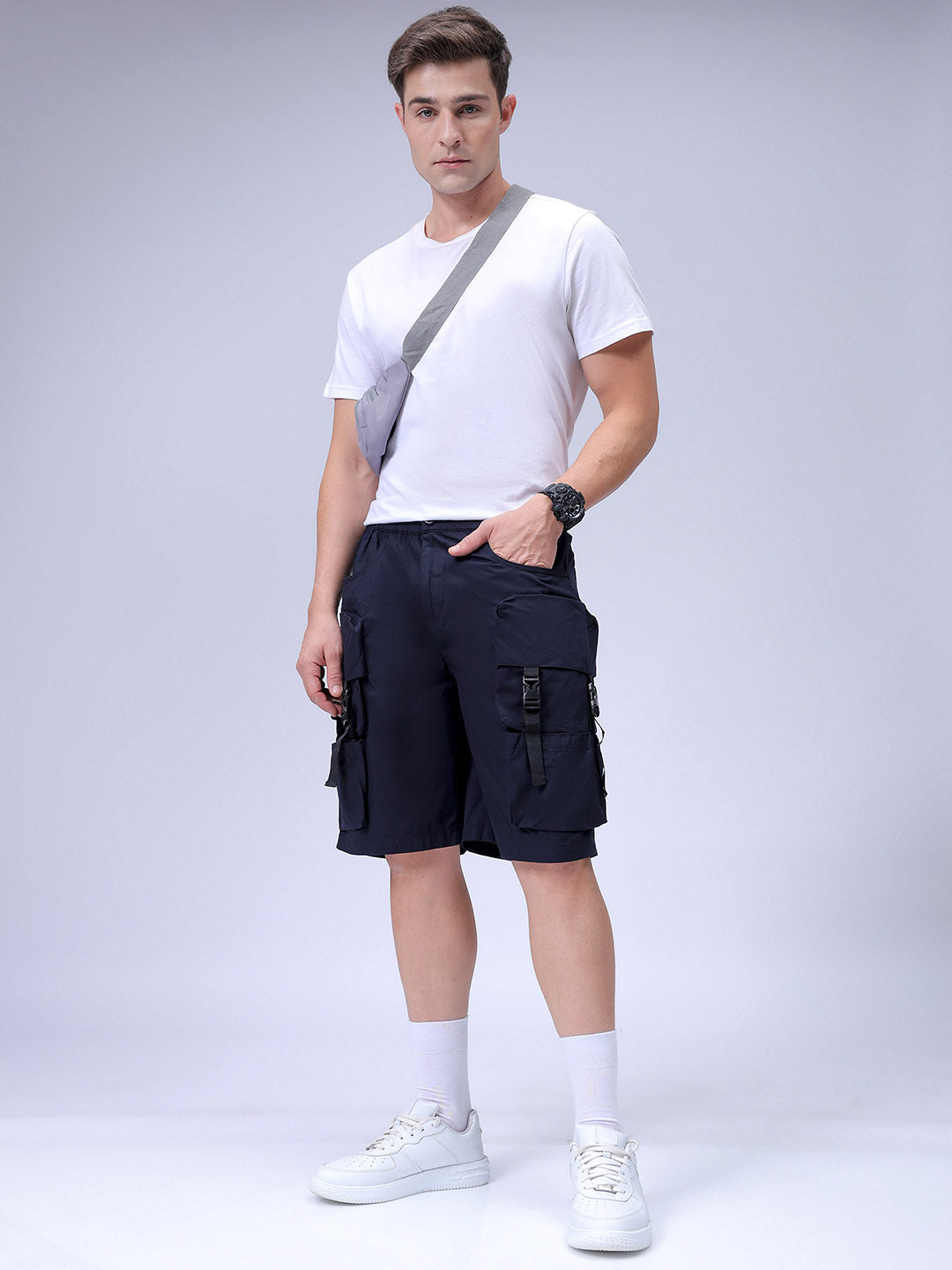 Men's Navy Relaxed Fit Solid Utility Shorts