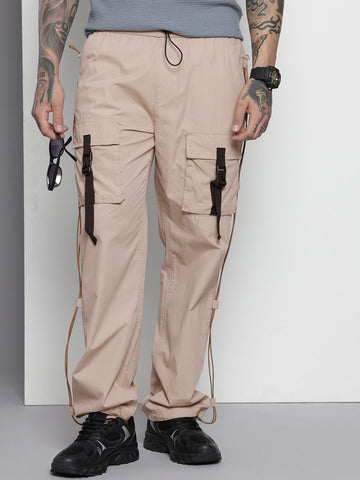 Men's Beige Relaxed Fit Solid Utility Cargo Jogger