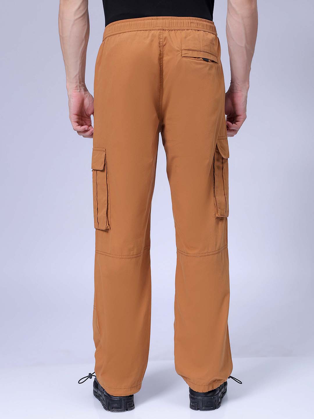 Men's Brown Relaxed Fit Solid Mid-Rise Elasticated Cargos