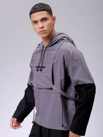 Men's Grey Relaxed Fit Colourblocked Utility Jacket