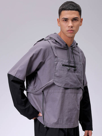 Men's Grey Relaxed Fit Colourblocked Utility Jacket