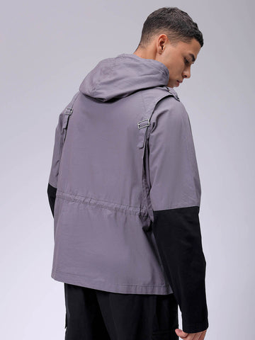 Men's Grey Relaxed Fit Colourblocked Utility Jacket