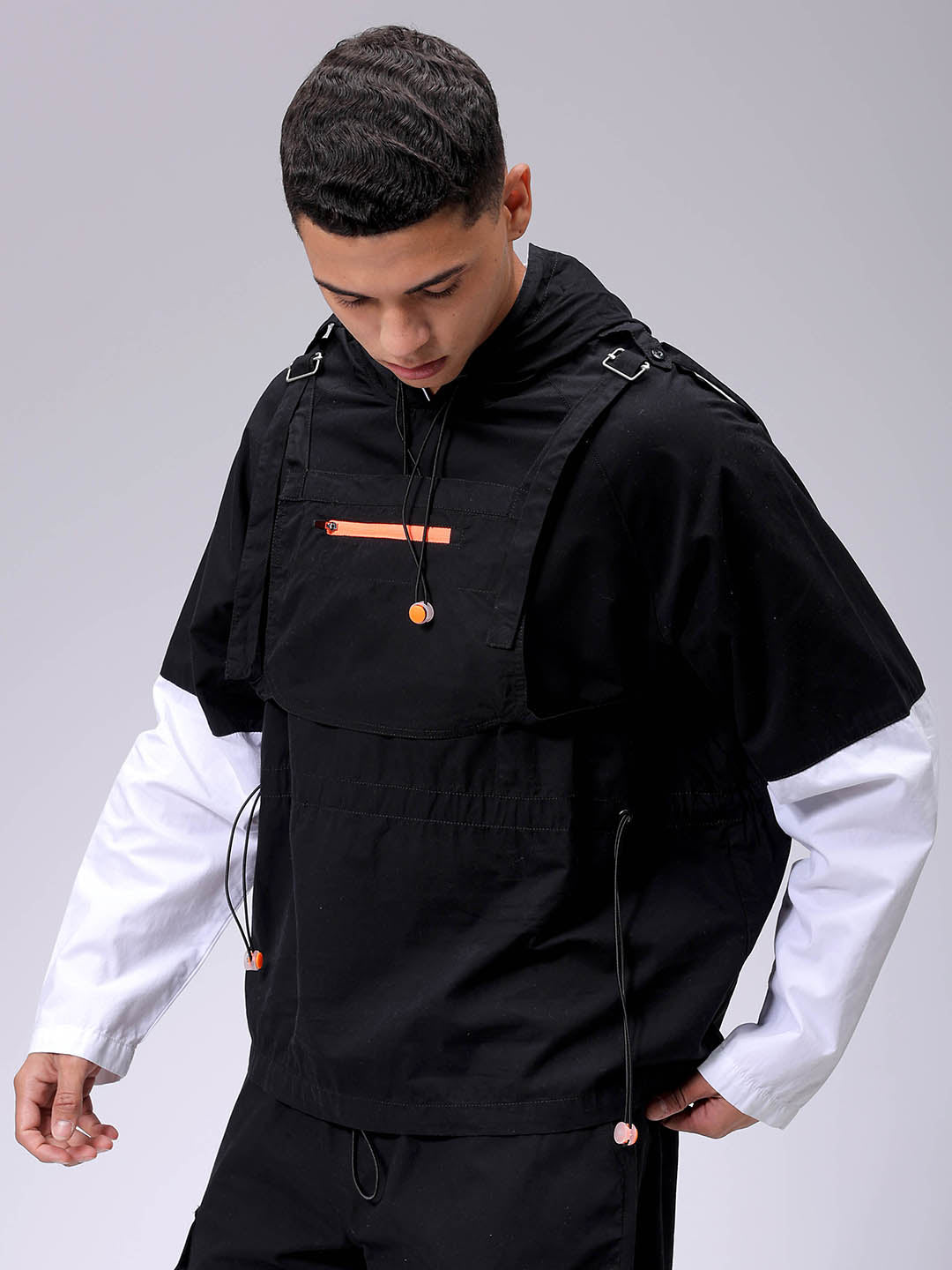 Men's Black Relaxed Fit Colourblocked Utility Jacket