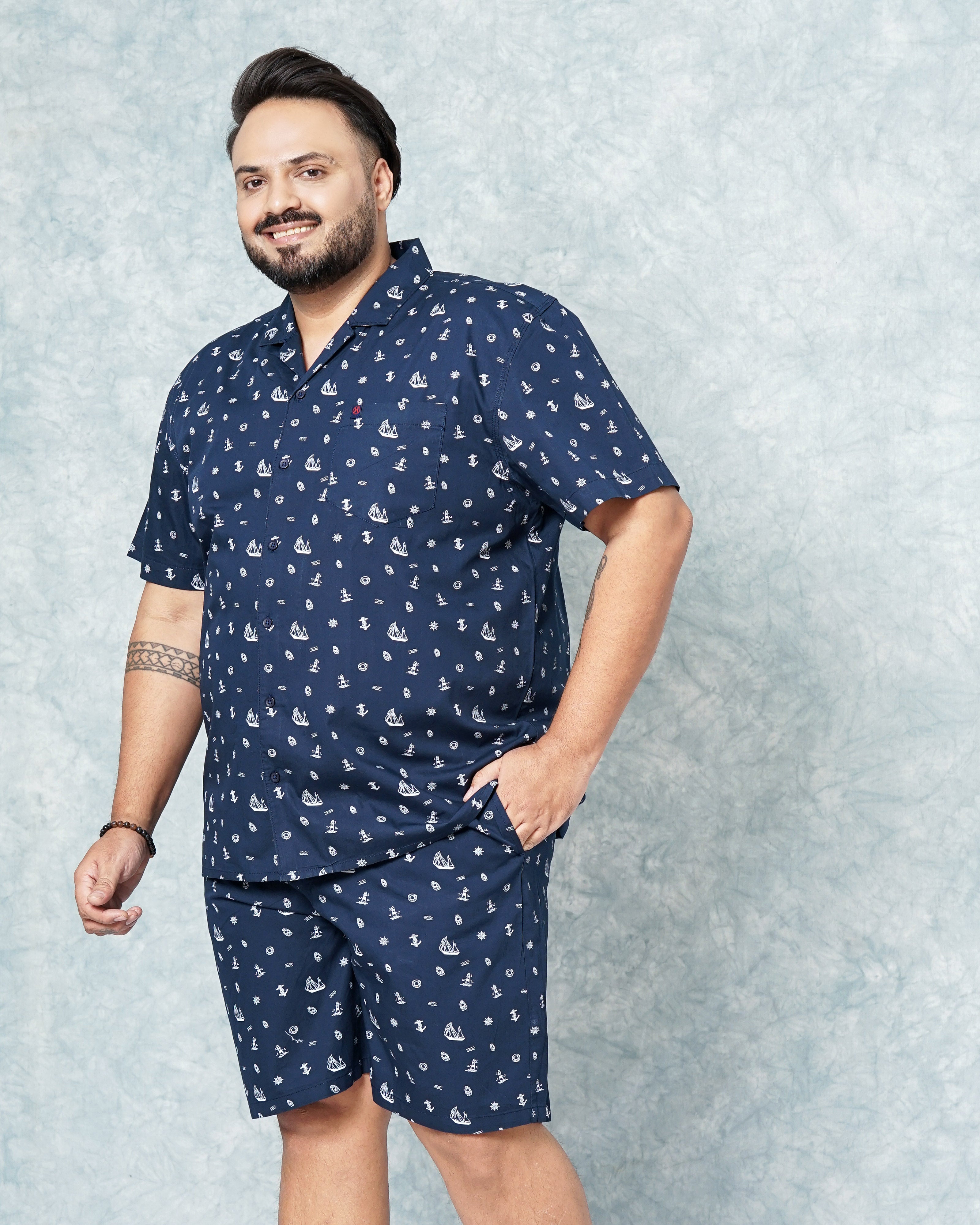 Shop Hardsoda Men Navy Blue Plus Size Nautical Printed Lounge Set Online.