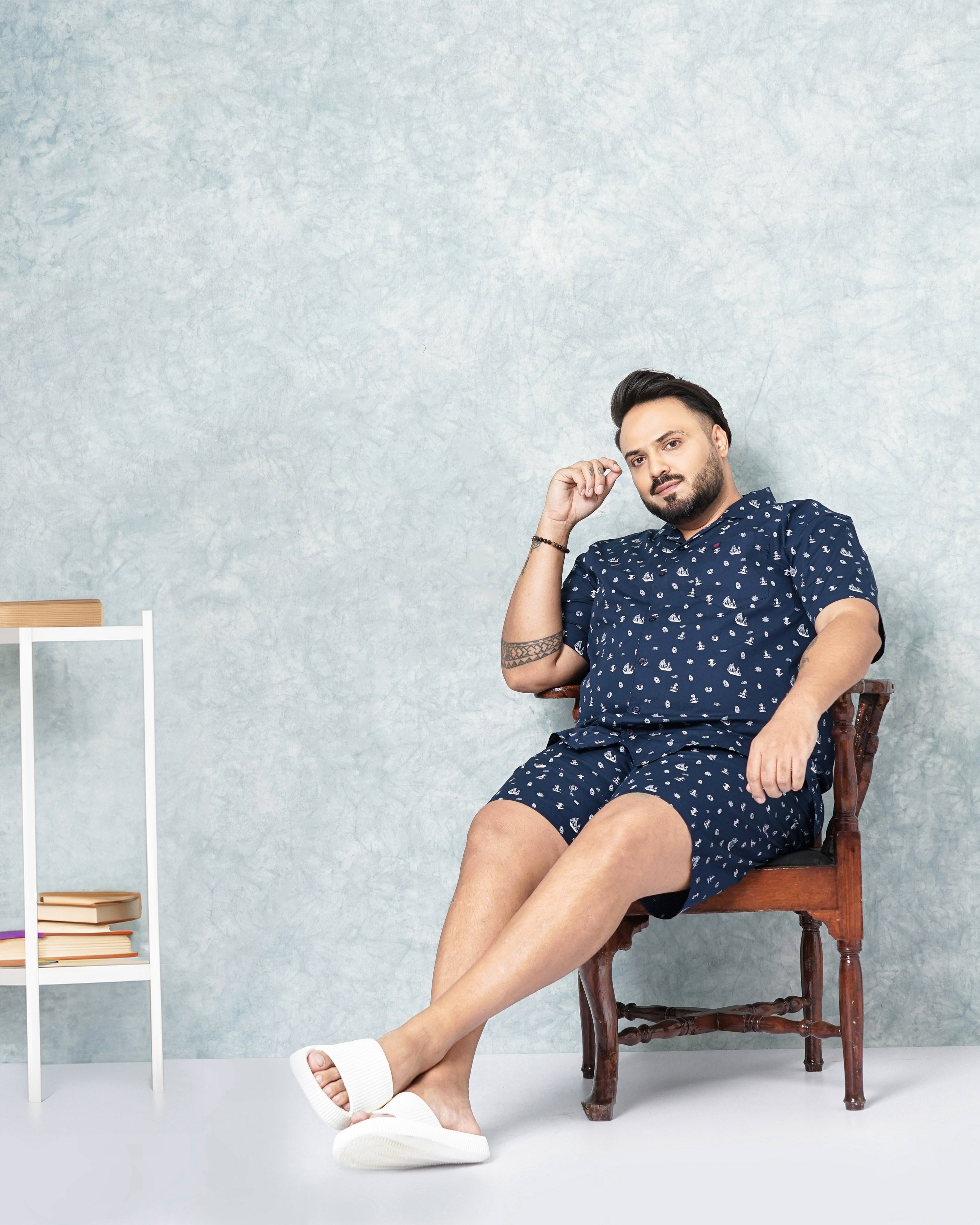 Shop Hardsoda Men Navy Blue Plus Size Nautical Printed Lounge Set Online.