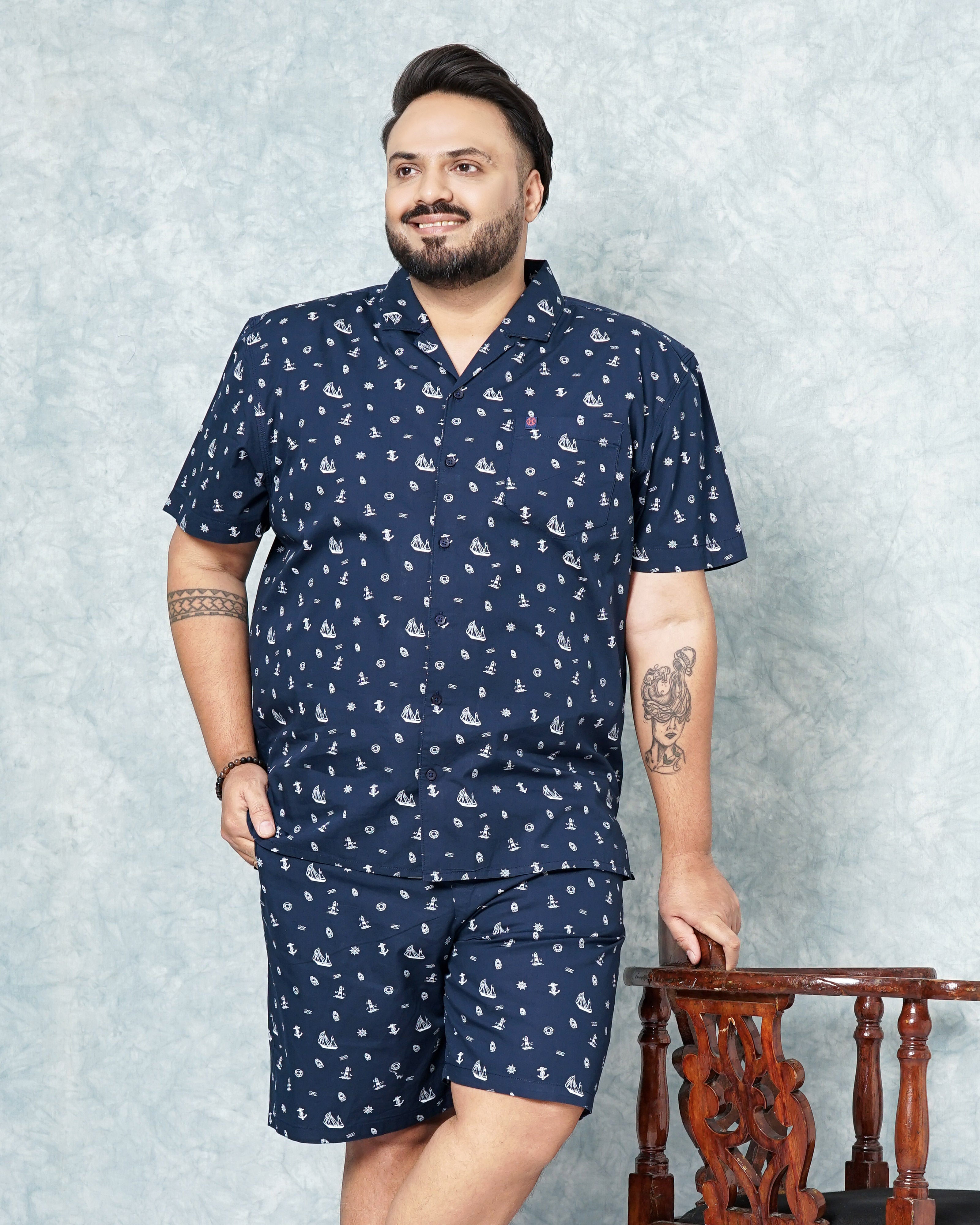 Shop Hardsoda Men Navy Blue Plus Size Nautical Printed Lounge Set Online.