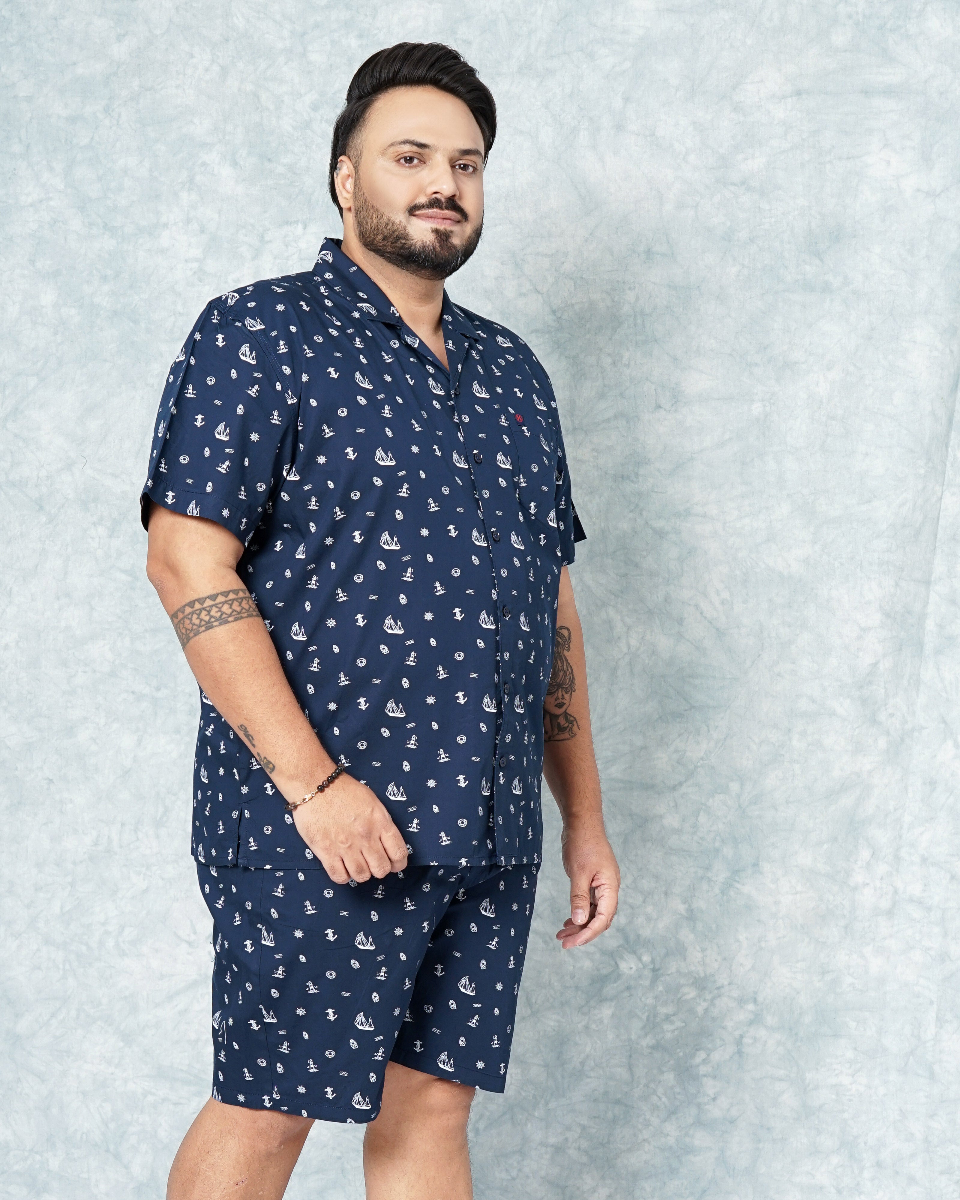 Shop Hardsoda Men Navy Blue Plus Size Nautical Printed Lounge Set Online.