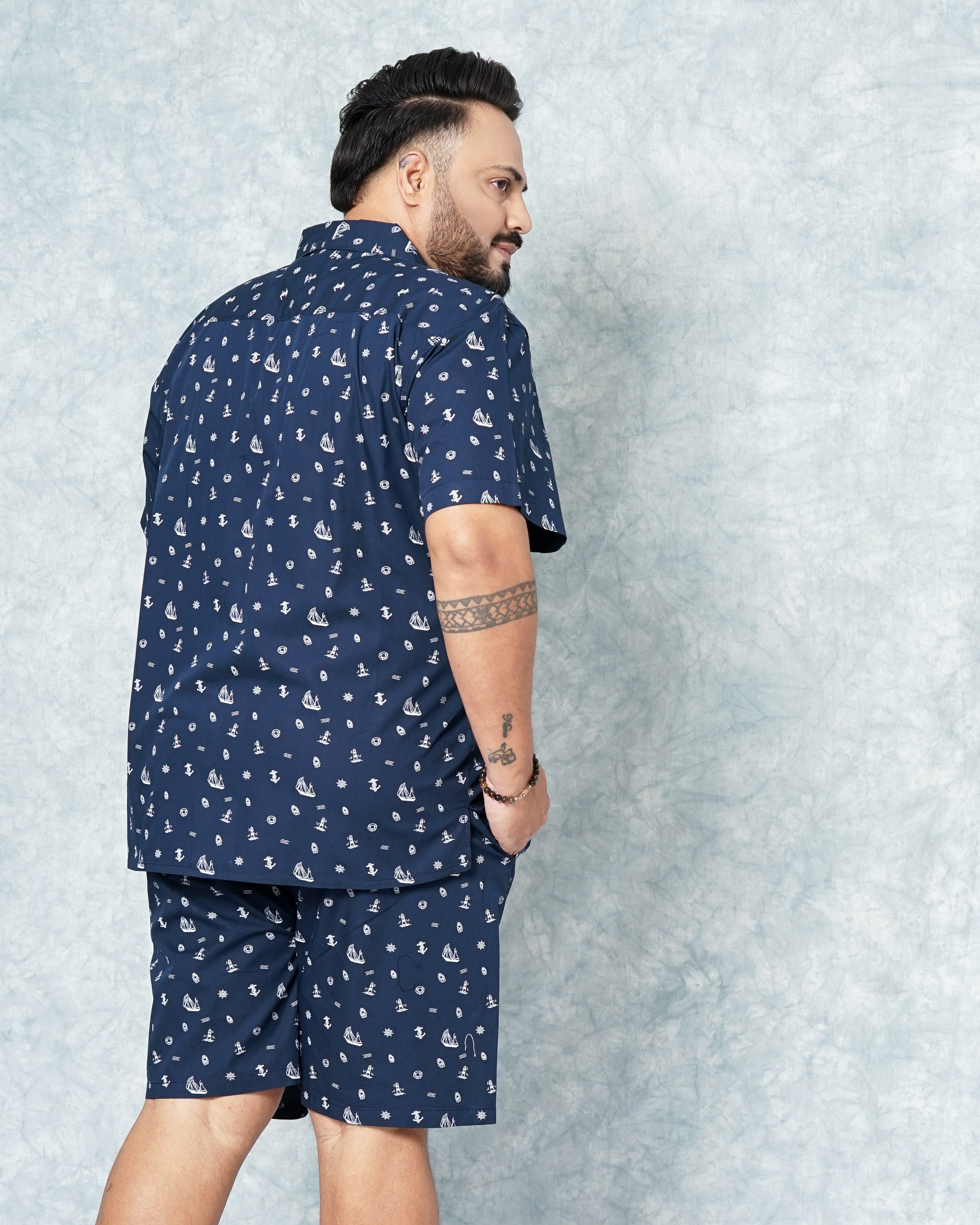 Shop Hardsoda Men Navy Blue Plus Size Nautical Printed Lounge Set Online.