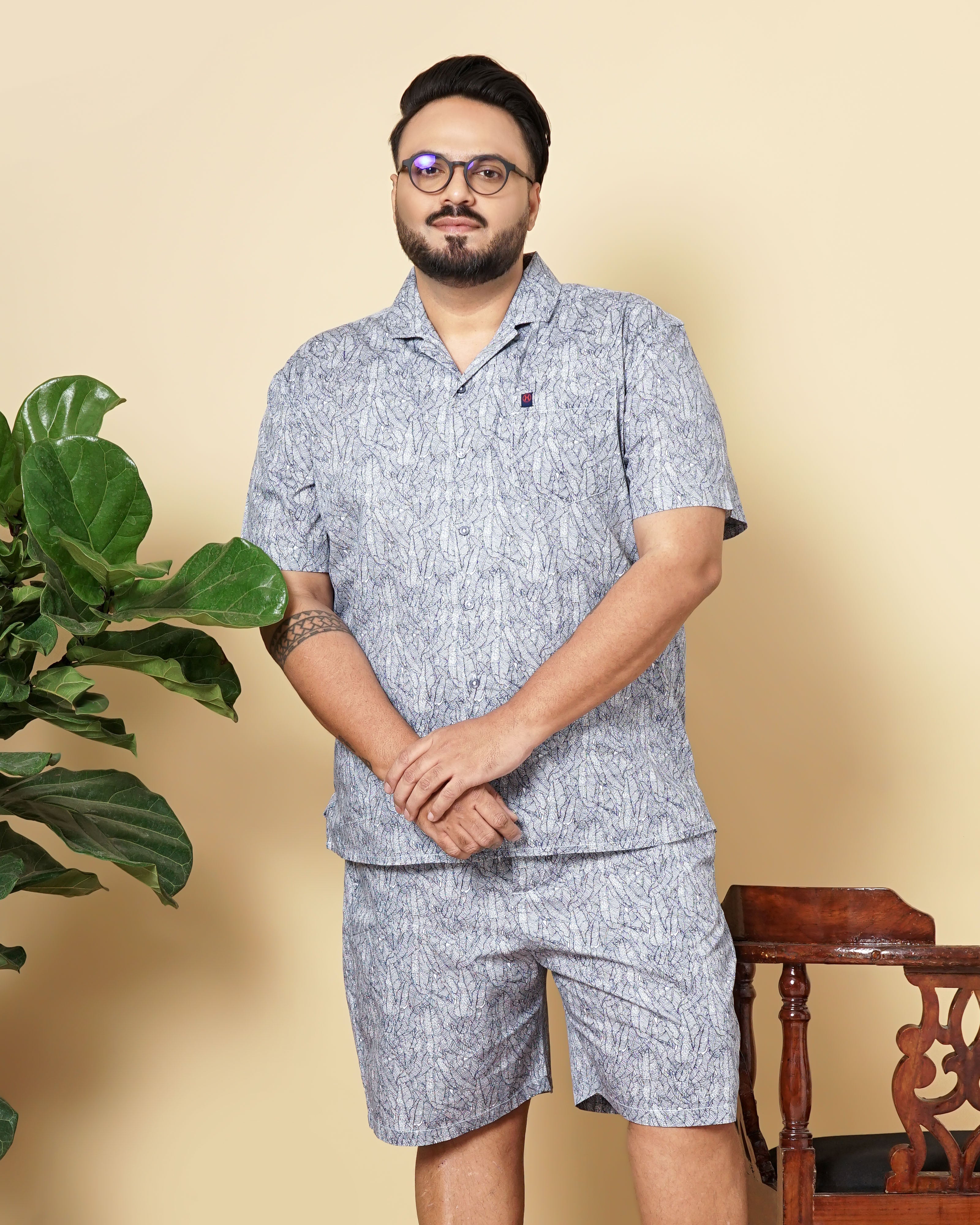 Shop Hardsoda Men Navy Blue Plus Size Geometric Printed Lounge Set Online.