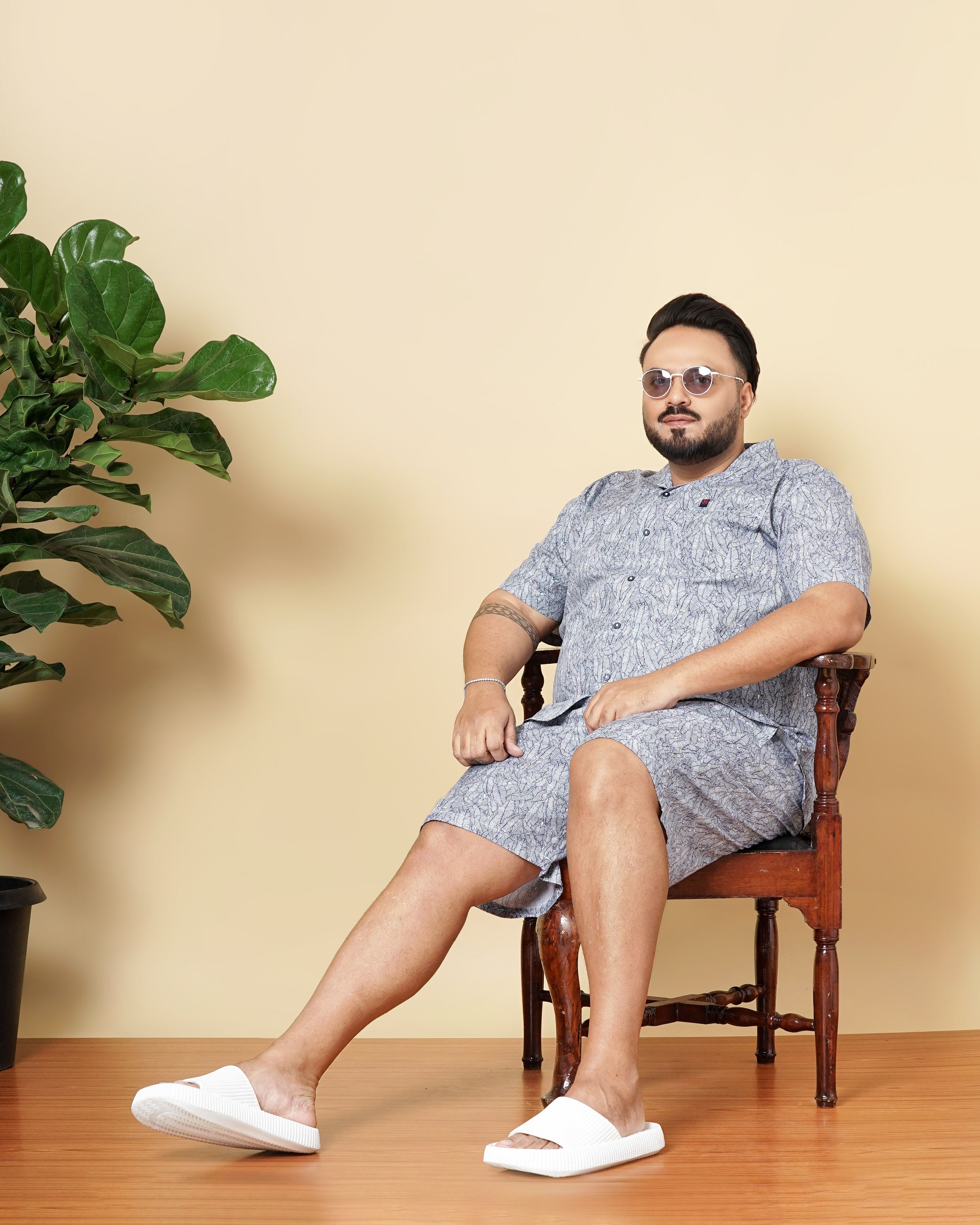 Shop Hardsoda Men Navy Blue Plus Size Geometric Printed Lounge Set Online.