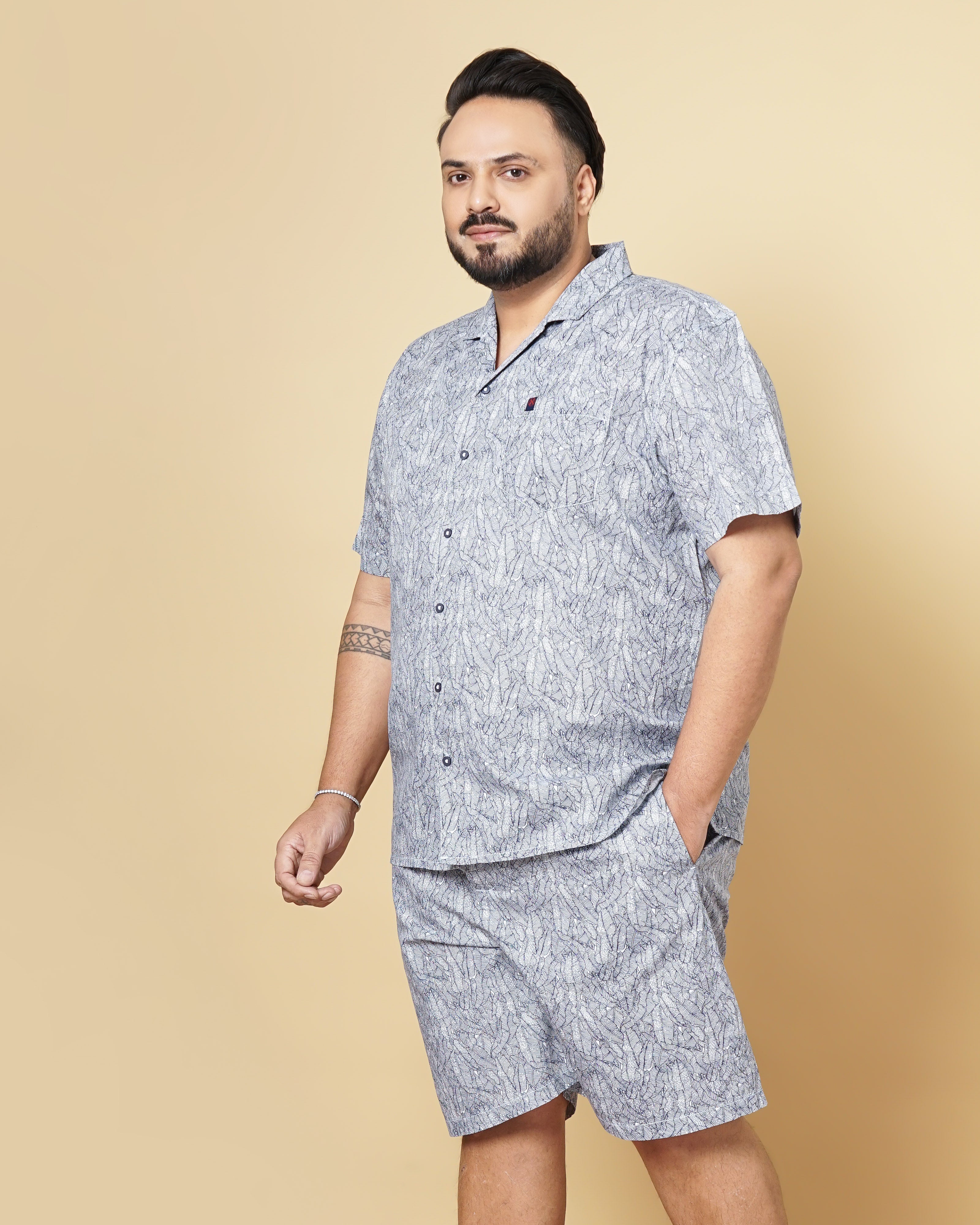 Shop Hardsoda Men Navy Blue Plus Size Geometric Printed Lounge Set Online.