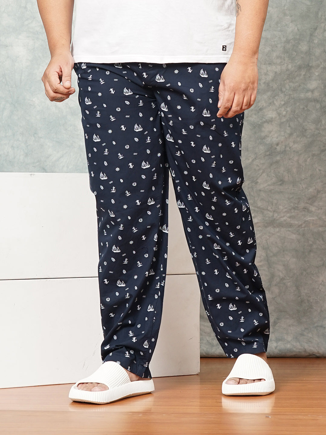 Shop Men's Navy Blue Plus Size Nautical Printed Lounge Pants Online.