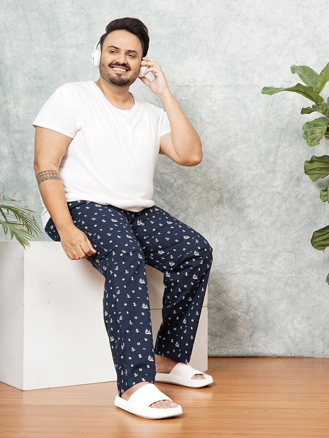 Shop Men's Navy Blue Plus Size Nautical Printed Lounge Pants Online.