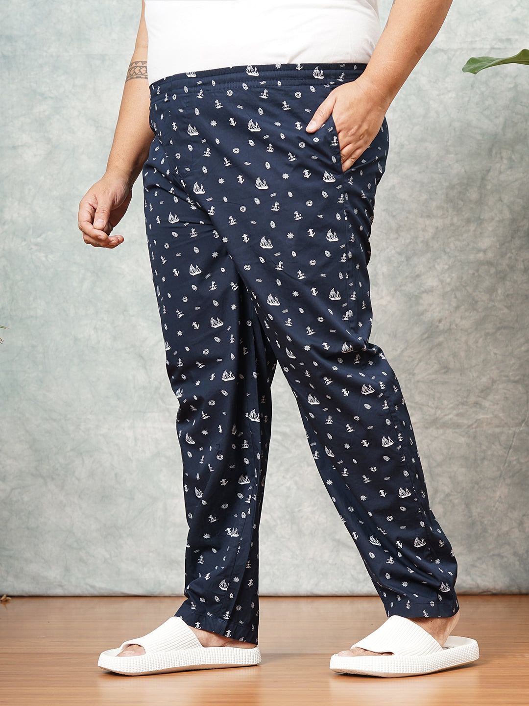 Shop Men's Navy Blue Plus Size Nautical Printed Lounge Pants Online.