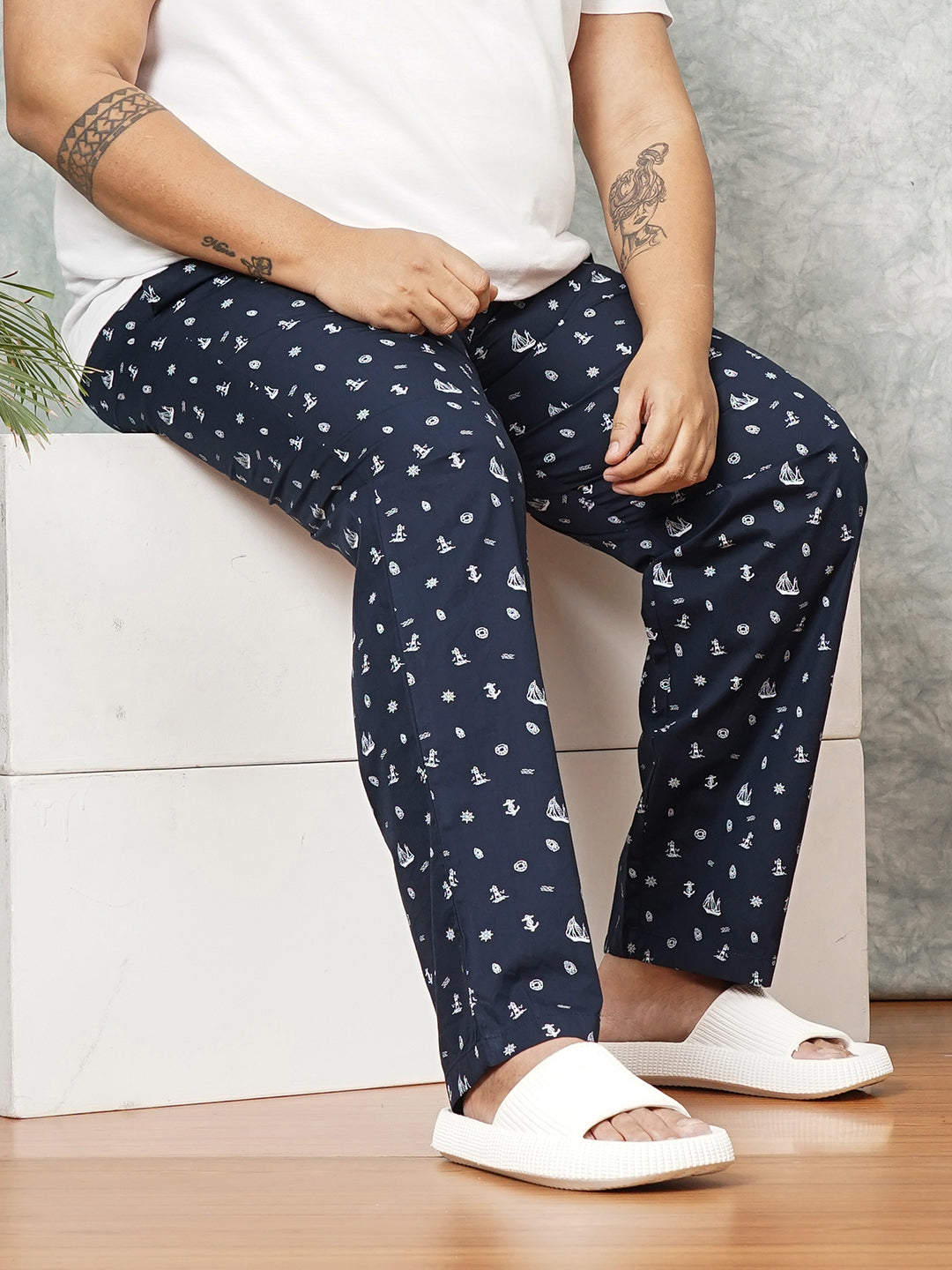 Shop Men's Navy Blue Plus Size Nautical Printed Lounge Pants Online.