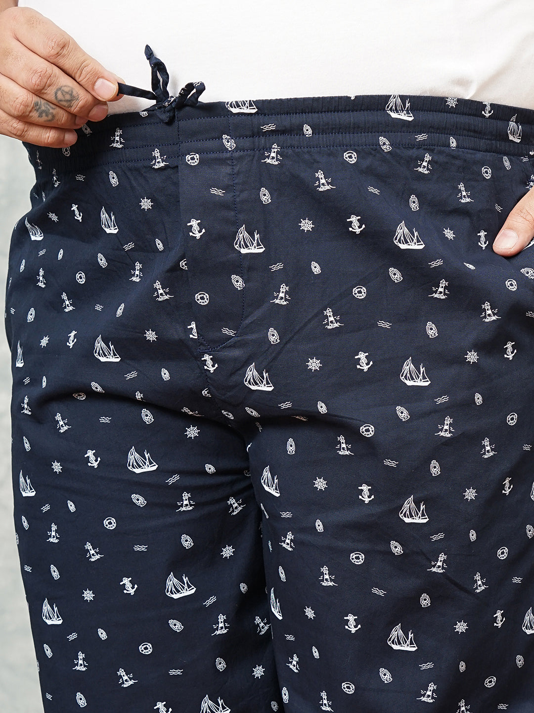 Shop Men's Navy Blue Plus Size Nautical Printed Lounge Pants Online.