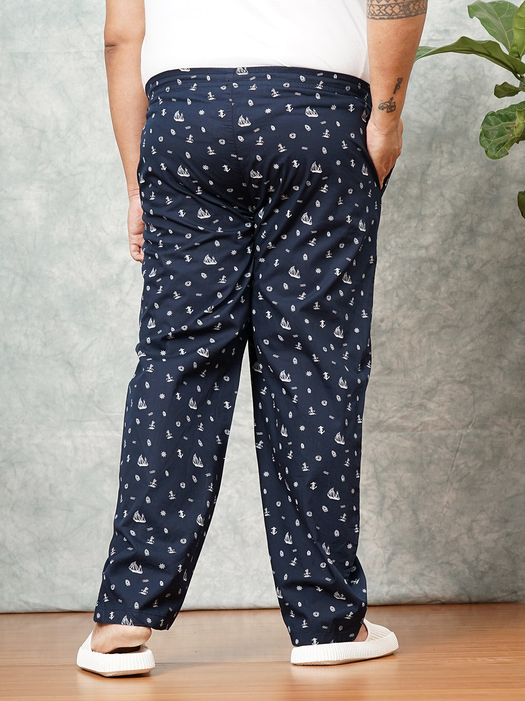 Shop Men's Navy Blue Plus Size Nautical Printed Lounge Pants Online.