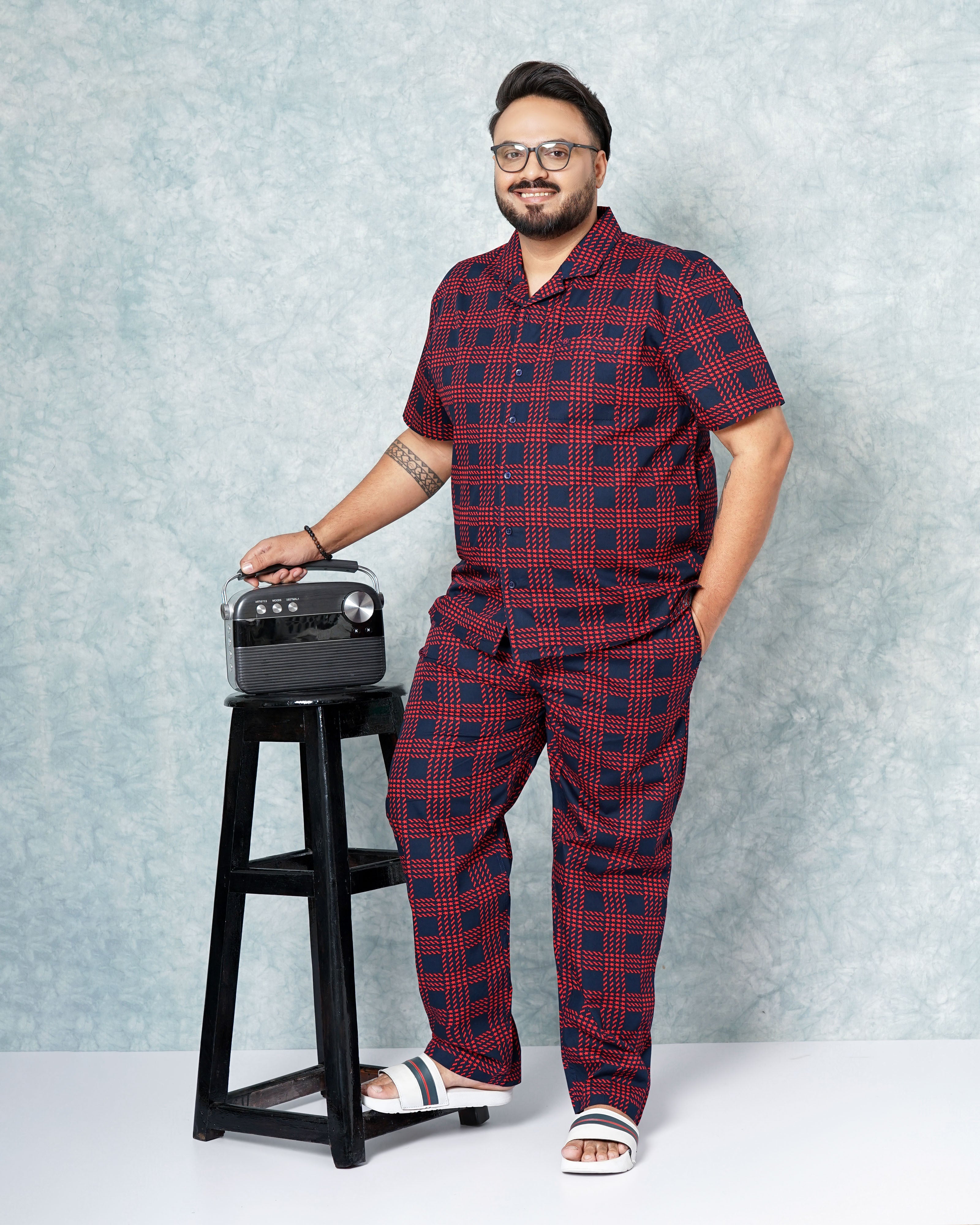 Shop Hardsoda Men Red Plus Size Checked Lounge Set Online.