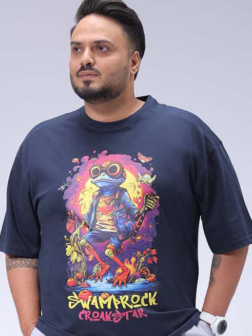 Men's Plus Size Navy Relaxed Fit Placement Printed T-Shirt