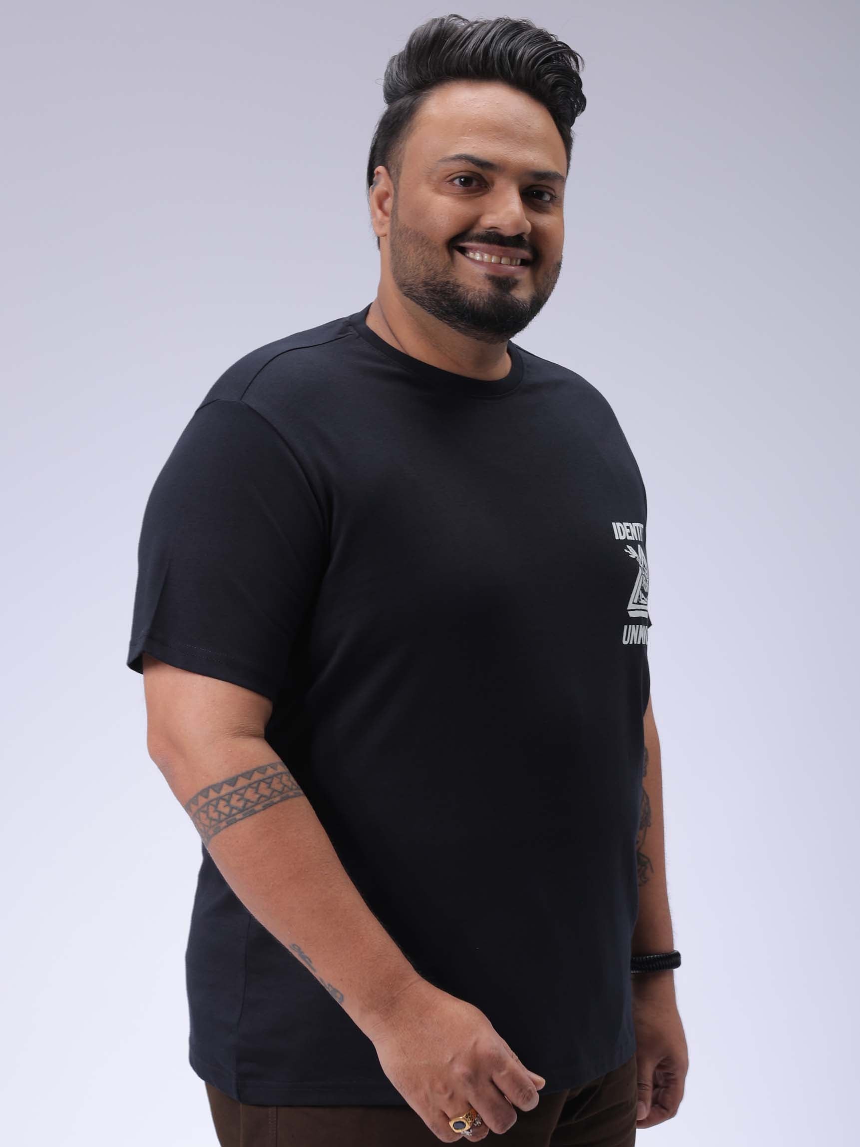 Men's Plus Size Black Regular Fit Back Printed T-Shirt