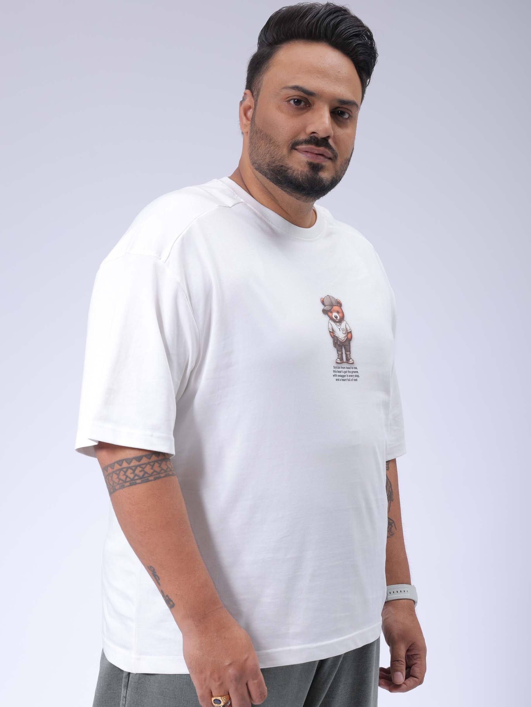 Men's Plus Size White Relaxed Fit Back Printed T-Shirt