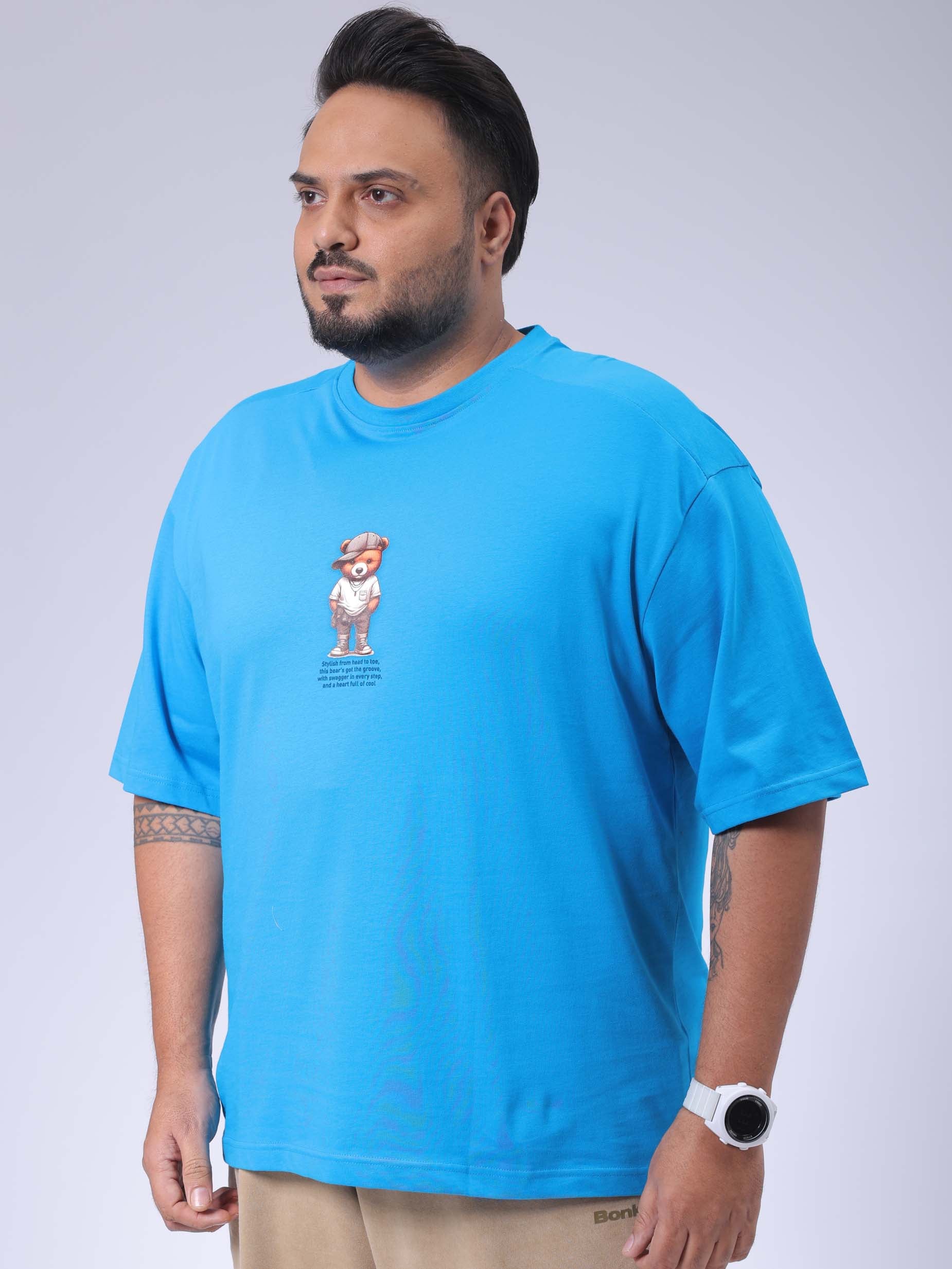 Men's Plus Size Blue Relaxed Fit Back Printed T-Shirt