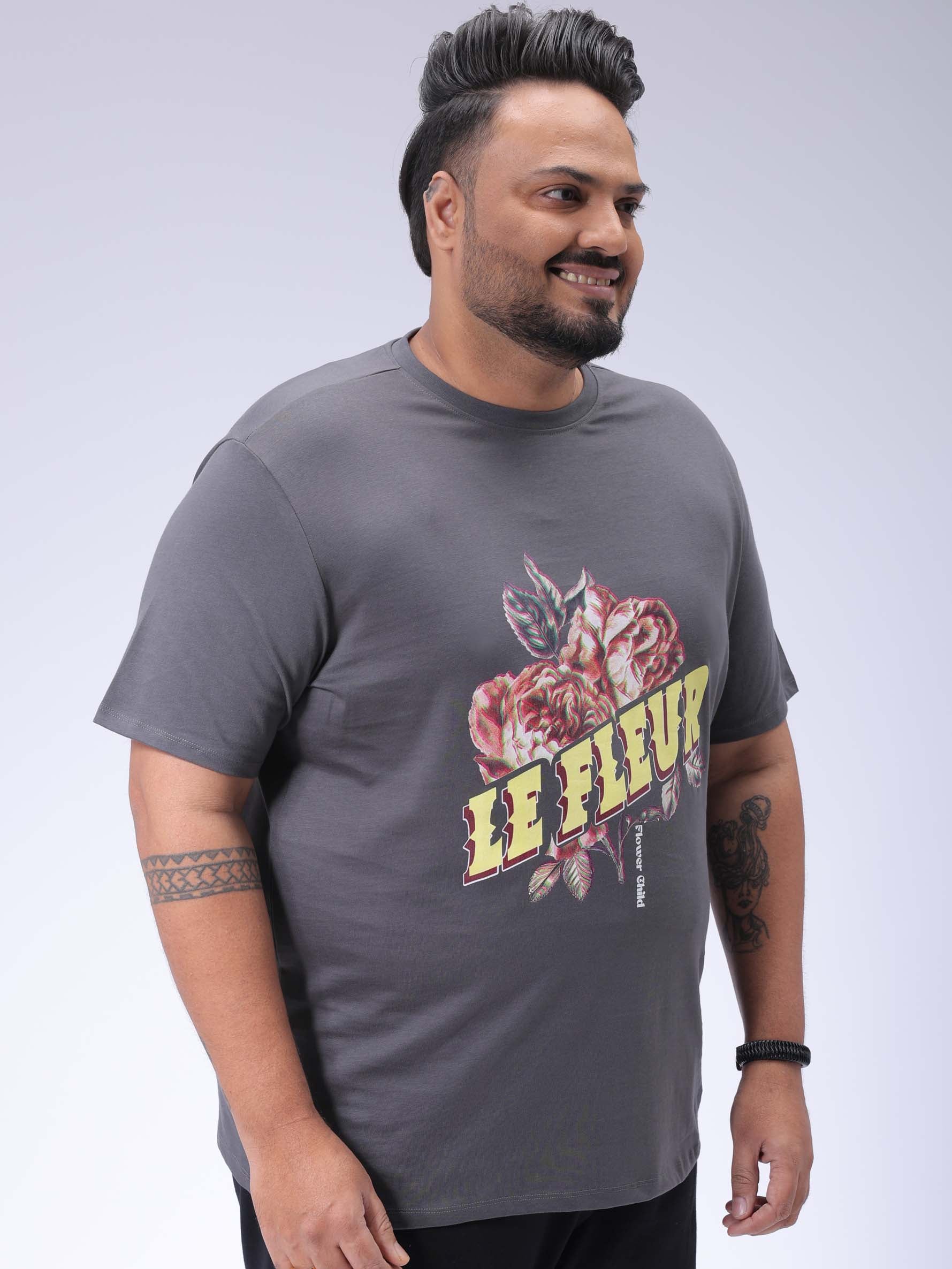 Men's Plus Size Grey Regular Fit Placement Print T-Shirt